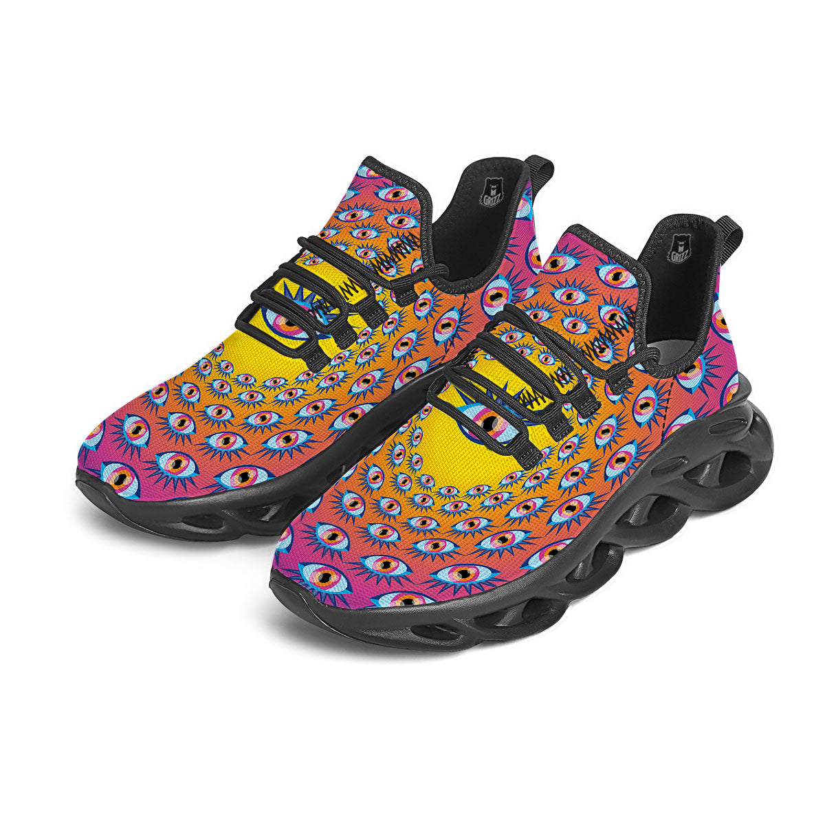 Trippy Psychedelic Eyes Print Black Running Shoes-grizzshop