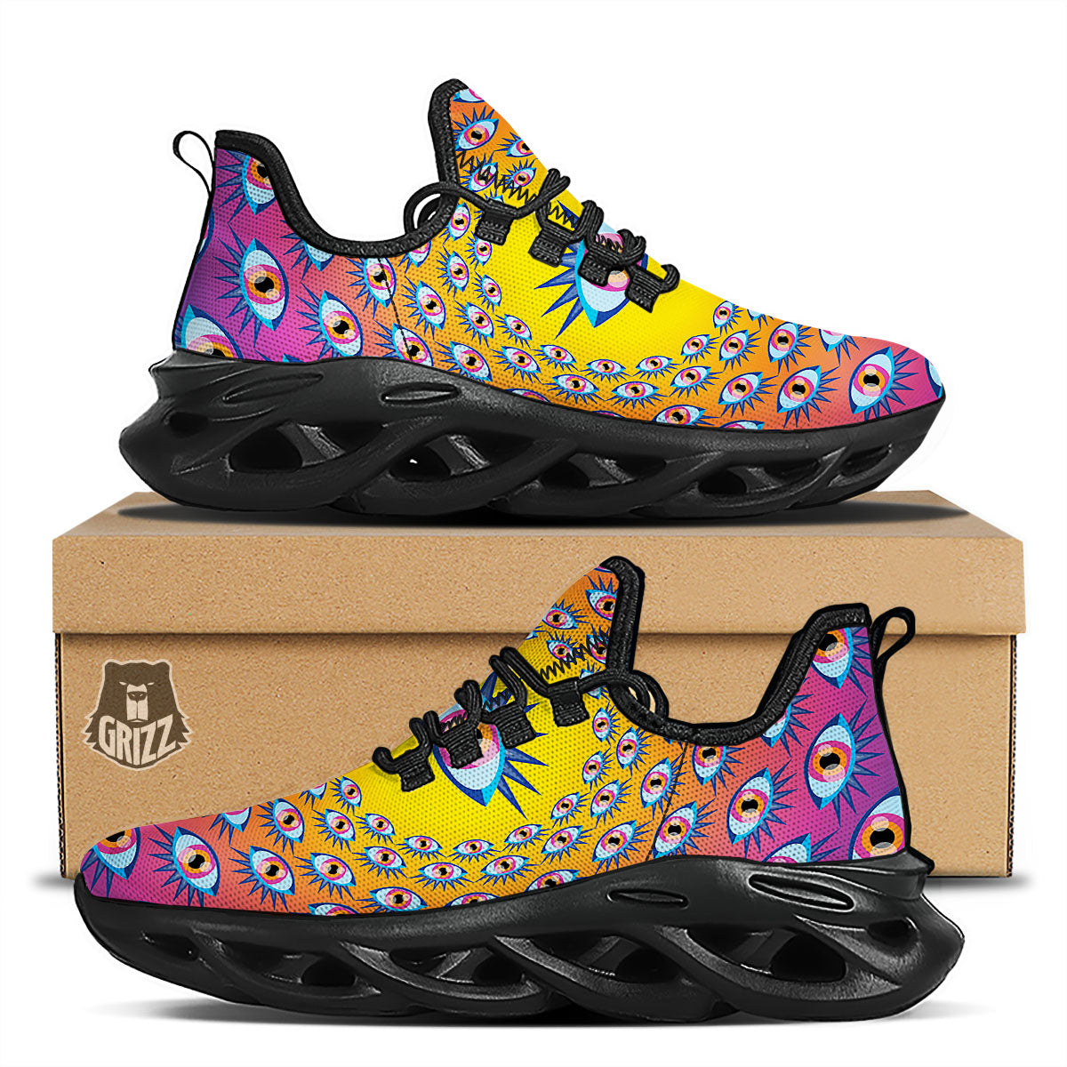 Trippy Psychedelic Eyes Print Black Running Shoes-grizzshop