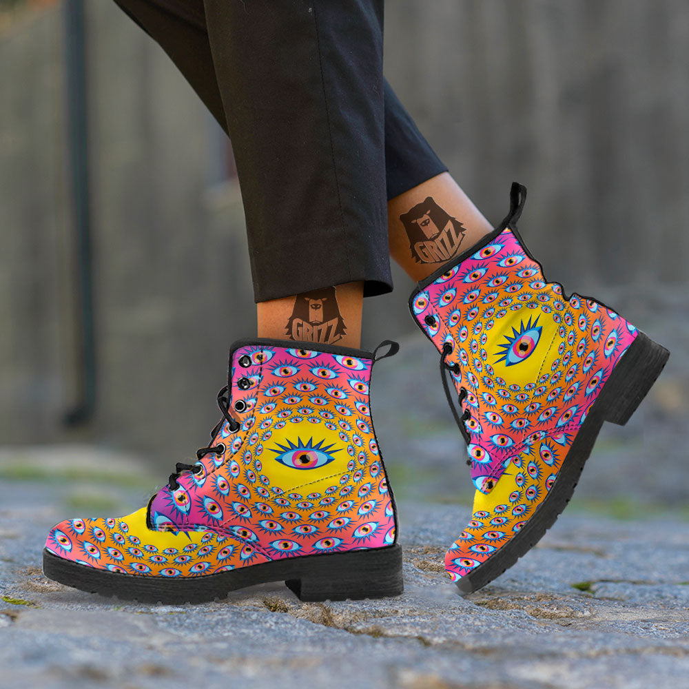 Trippy Psychedelic Eyes Print Leather Boots-grizzshop