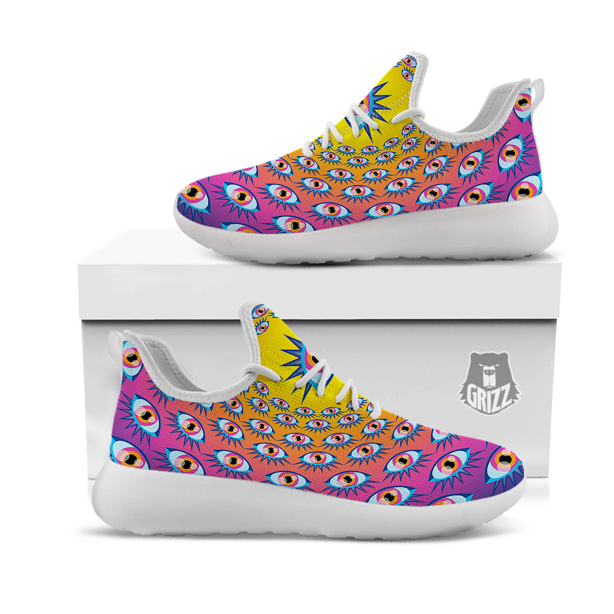 Trippy Psychedelic Eyes Print White Athletic Shoes-grizzshop