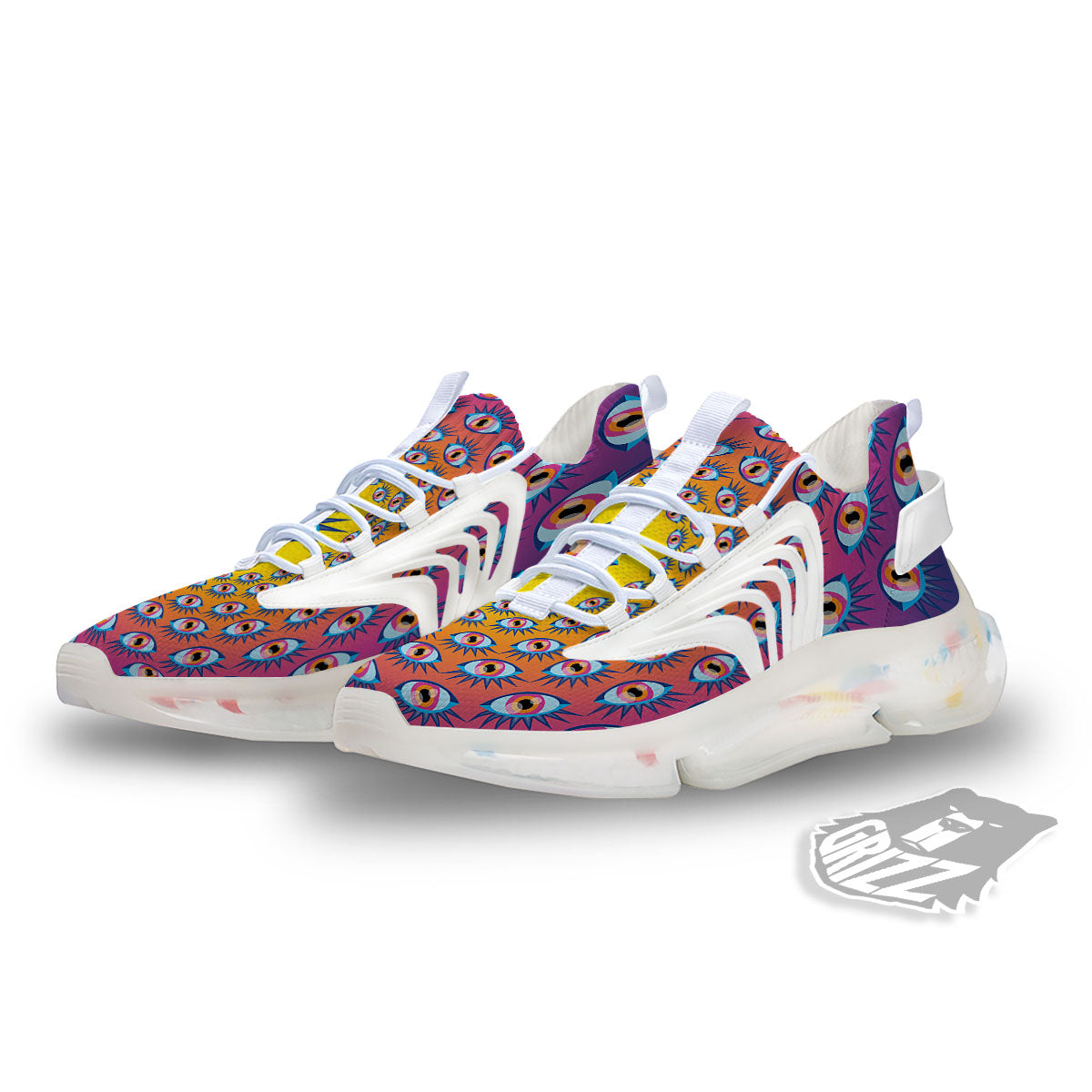 Trippy Psychedelic Eyes Print White Gym Shoes-grizzshop