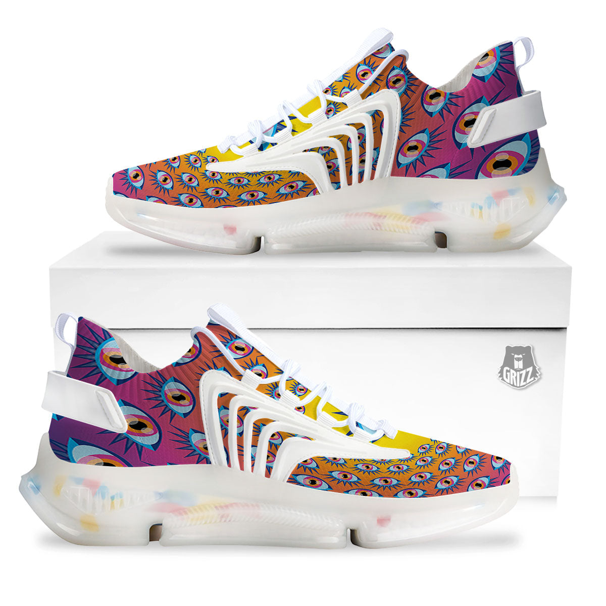 Trippy Psychedelic Eyes Print White Gym Shoes-grizzshop
