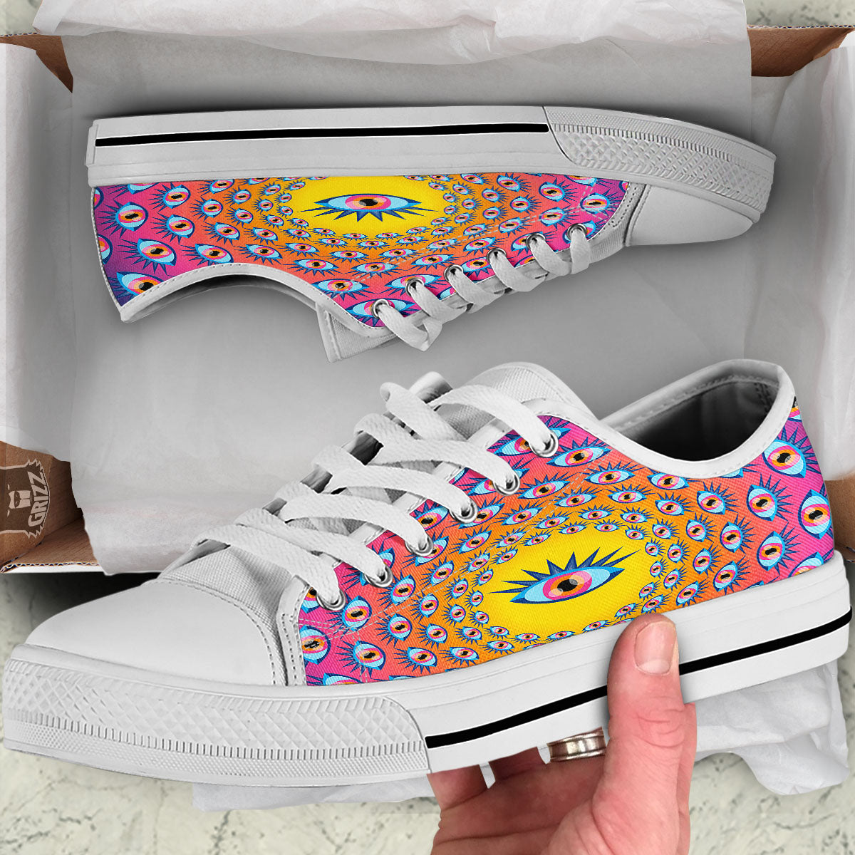 Trippy Psychedelic Eyes Print White Low Top Shoes-grizzshop
