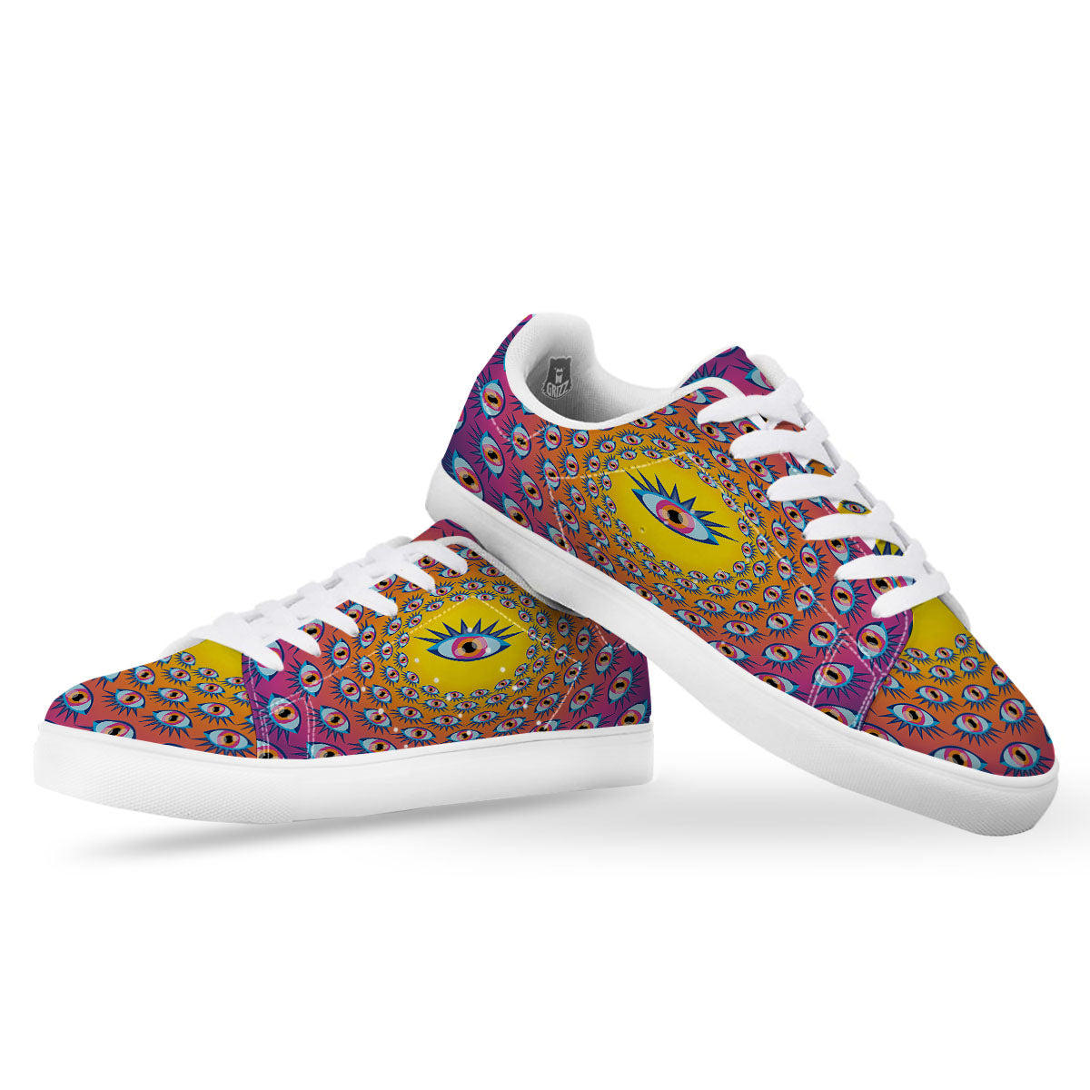 Trippy Psychedelic Eyes Print White Low Top Sneakers-grizzshop