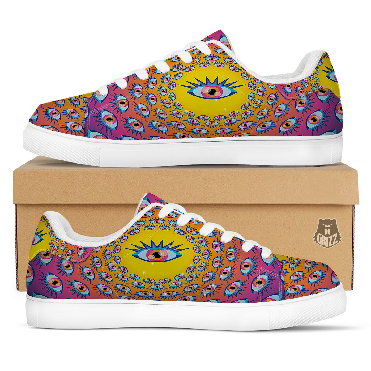 Trippy Psychedelic Eyes Print White Low Top Sneakers-grizzshop