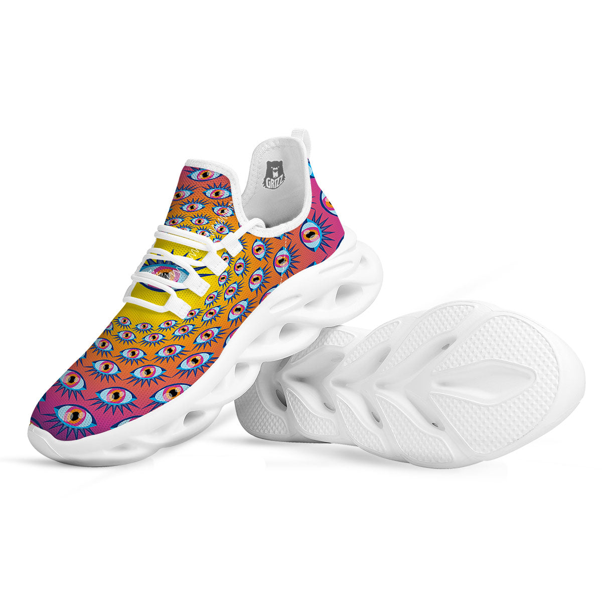 Trippy Psychedelic Eyes Print White Running Shoes-grizzshop