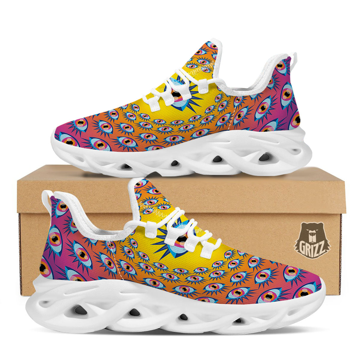 Trippy Psychedelic Eyes Print White Running Shoes-grizzshop