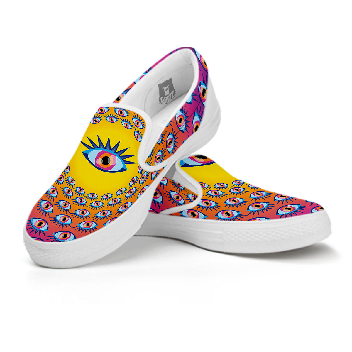 Trippy Psychedelic Eyes Print White Slip On Shoes-grizzshop