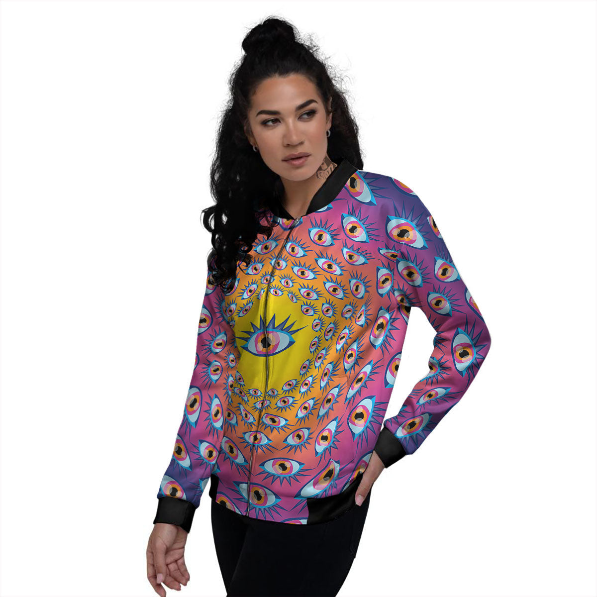 Trippy Psychedelic Eyes Print Women's Bomber Jacket-grizzshop