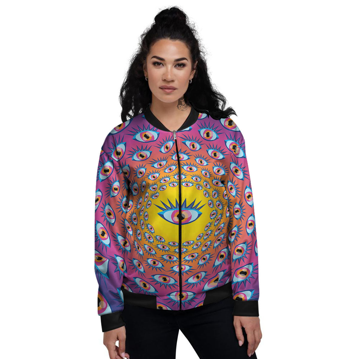 Trippy Psychedelic Eyes Print Women's Bomber Jacket-grizzshop