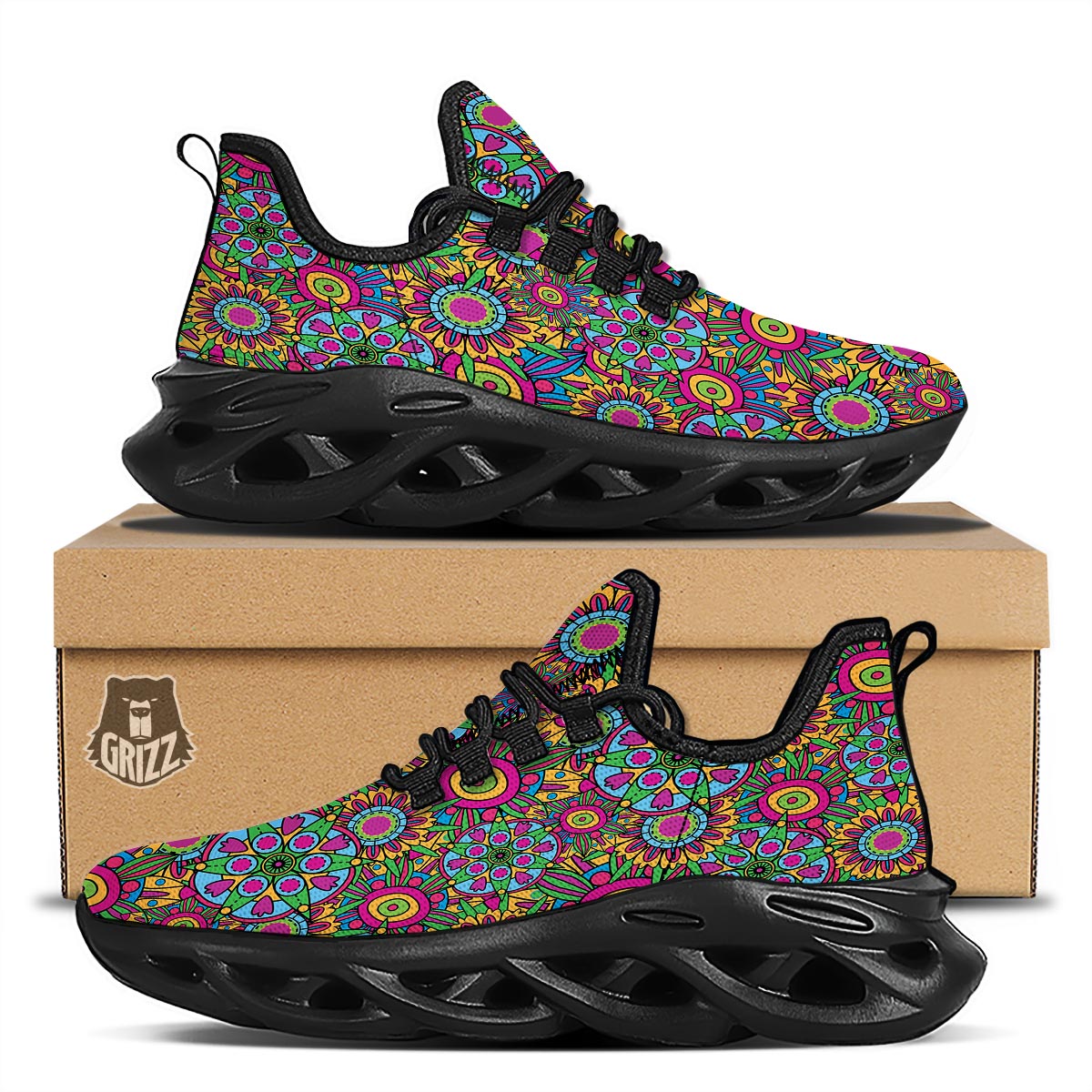 Trippy Psychedelic Floral Black Running Shoes-grizzshop