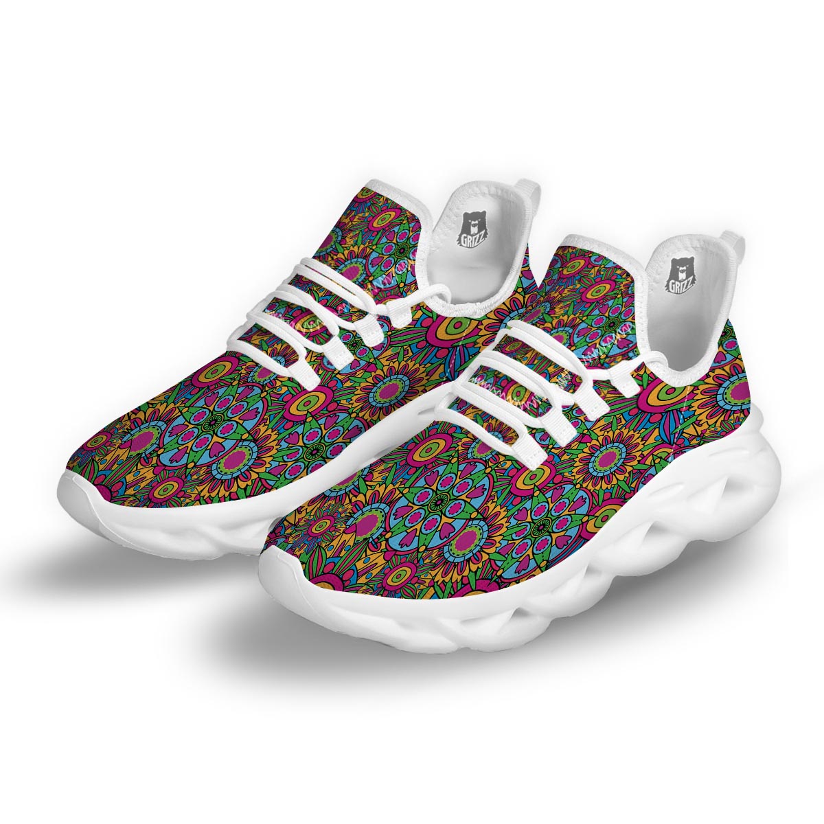 Trippy Psychedelic Floral White Running Shoes-grizzshop