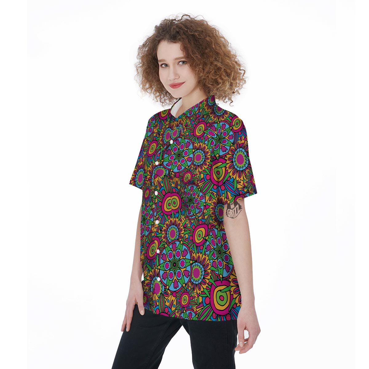 Trippy Psychedelic Floral Women's Short Sleeve Shirts-grizzshop