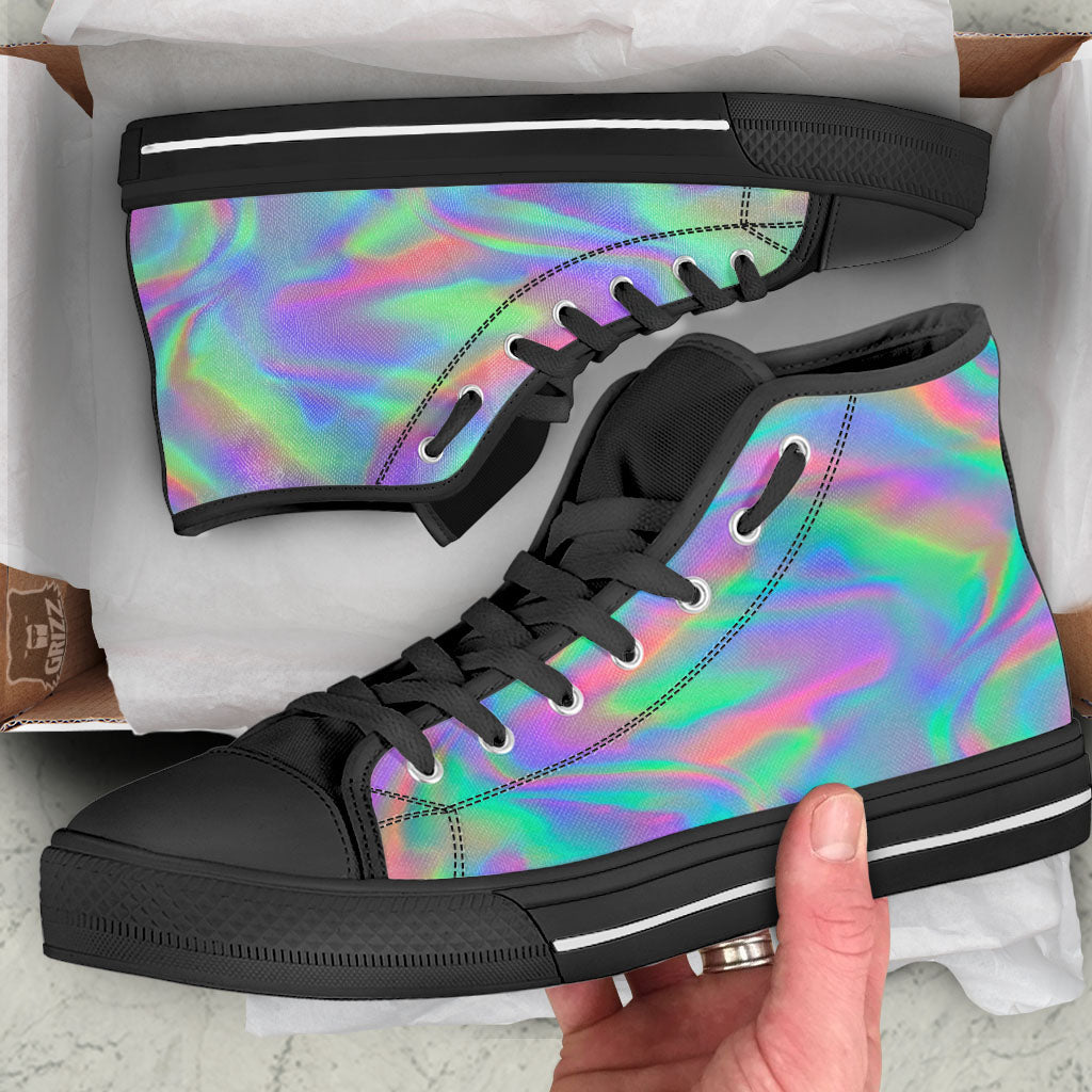 Trippy Psychedelic Holographic Print Black High Top Shoes-grizzshop