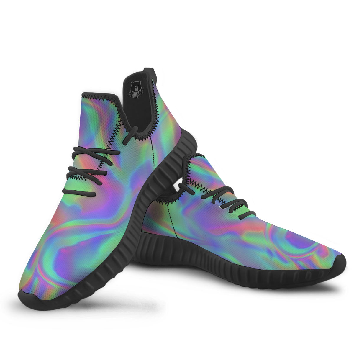 Trippy Psychedelic Holographic Print Black Walking Shoes-grizzshop