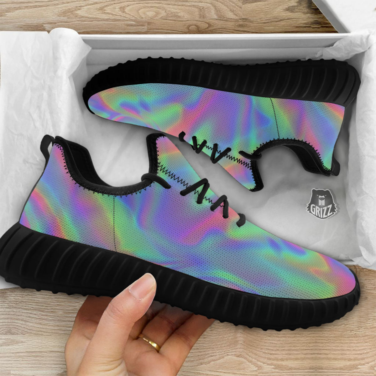 Trippy Psychedelic Holographic Print Black Walking Shoes-grizzshop