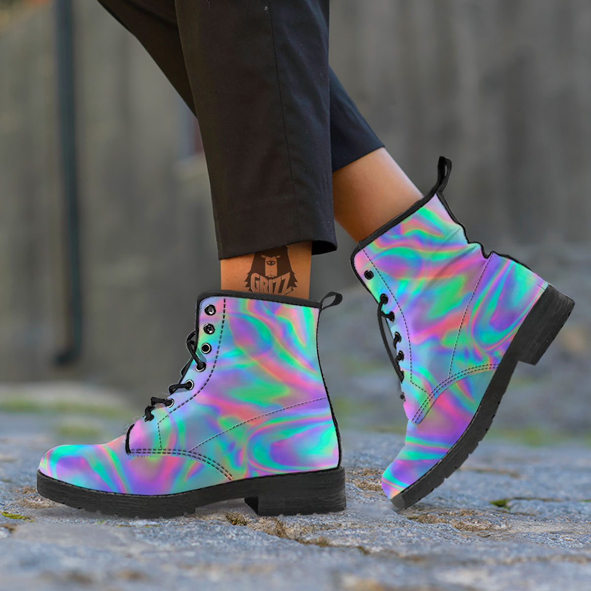 Trippy Psychedelic Holographic Print Leather Boots-grizzshop