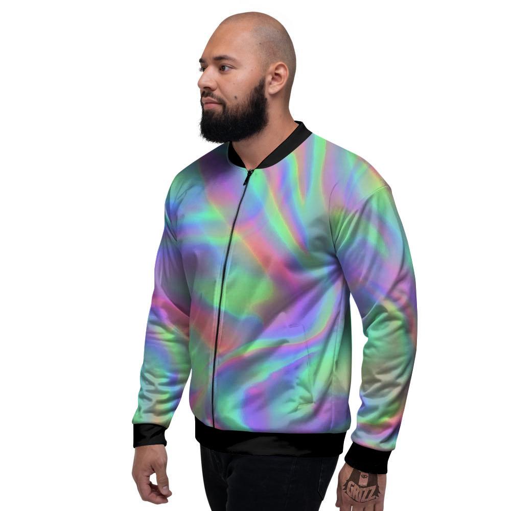 Trippy Psychedelic Holographic Print Men's Bomber Jacket-grizzshop