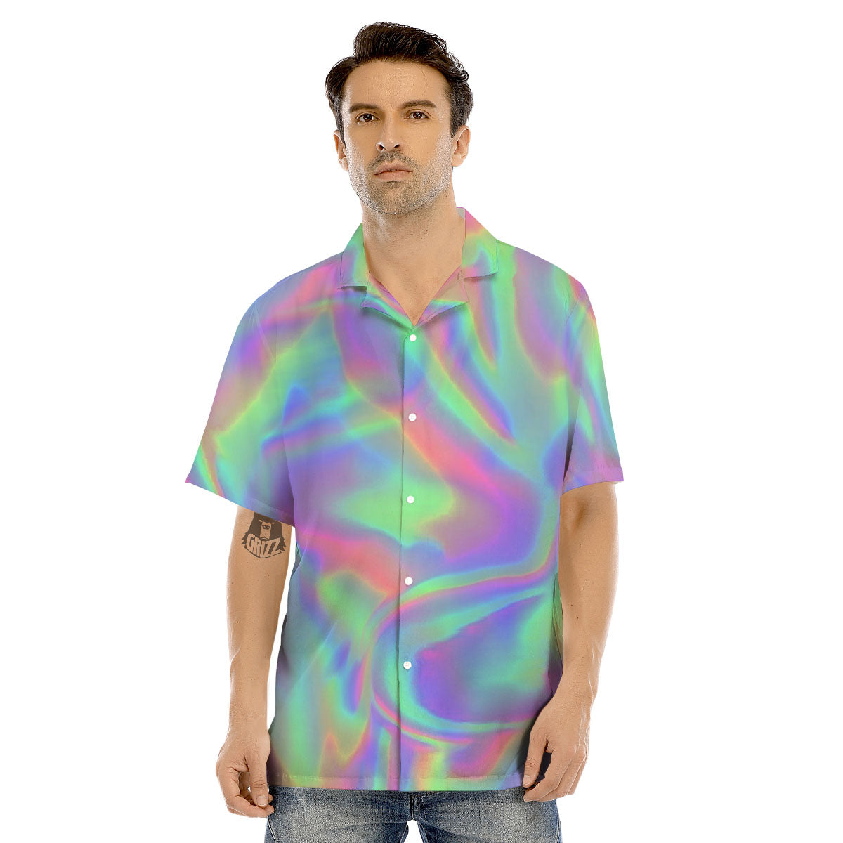 Trippy Psychedelic Holographic Print Men's Hawaiian Shirt-grizzshop