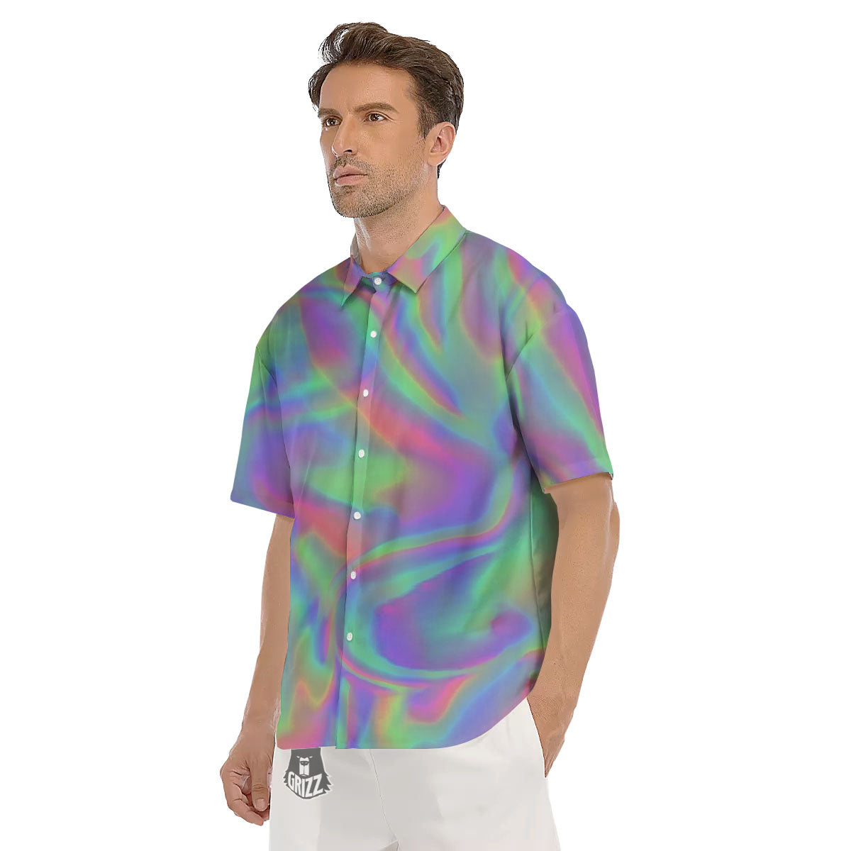 Trippy Psychedelic Holographic Print Men's Short Sleeve Shirts-grizzshop