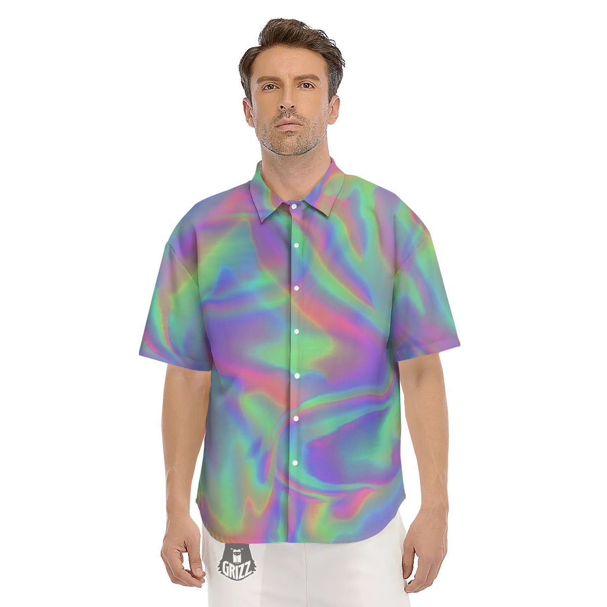 Trippy Psychedelic Holographic Print Men's Short Sleeve Shirts-grizzshop