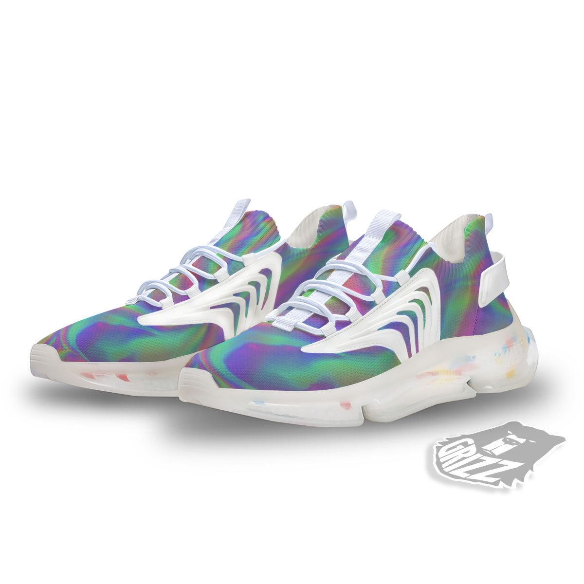 Trippy Psychedelic Holographic Print White Gym Shoes-grizzshop