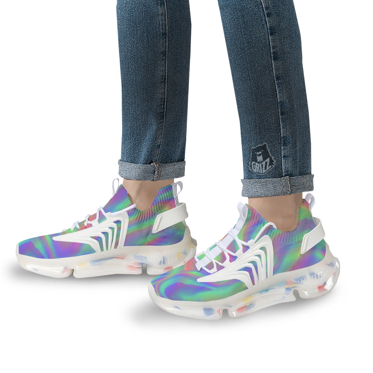 Trippy Psychedelic Holographic Print White Gym Shoes-grizzshop