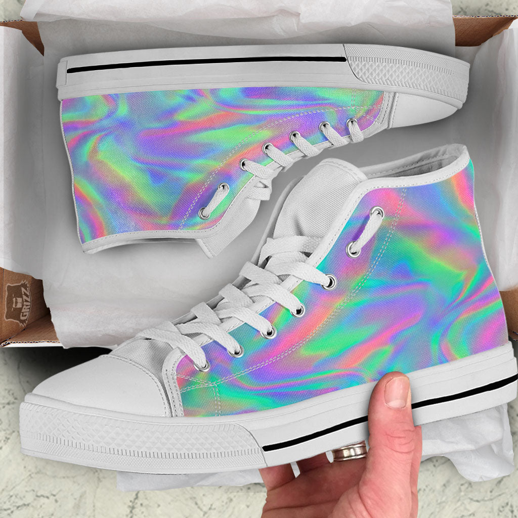 Trippy Psychedelic Holographic Print White High Top Shoes-grizzshop