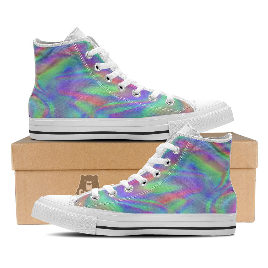 Trippy Psychedelic Holographic Print White High Top Shoes-grizzshop