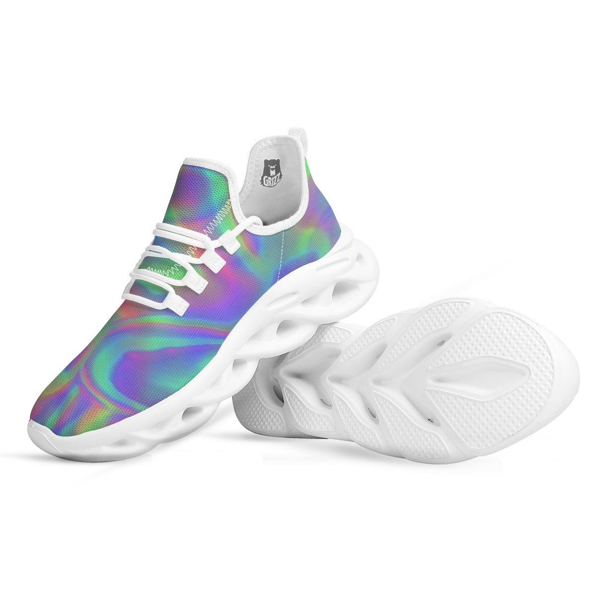 Trippy Psychedelic Holographic Print White Running Shoes-grizzshop