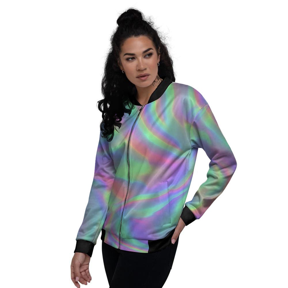 Trippy Psychedelic Holographic Print Women's Bomber Jacket-grizzshop