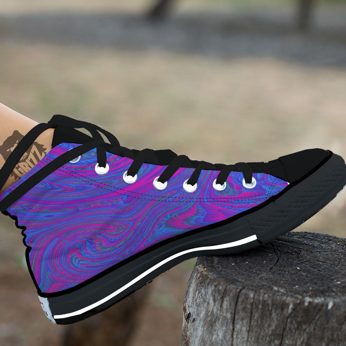 Trippy Psychedelic Purple Print Black High Top Shoes-grizzshop