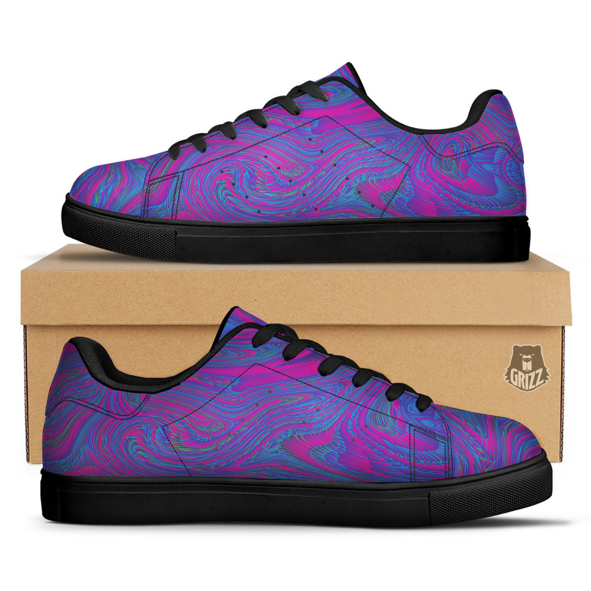 Trippy Psychedelic Purple Print Black Low Top Sneakers-grizzshop