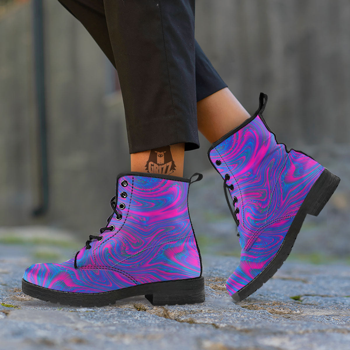 Trippy Psychedelic Purple Print Leather Boots-grizzshop
