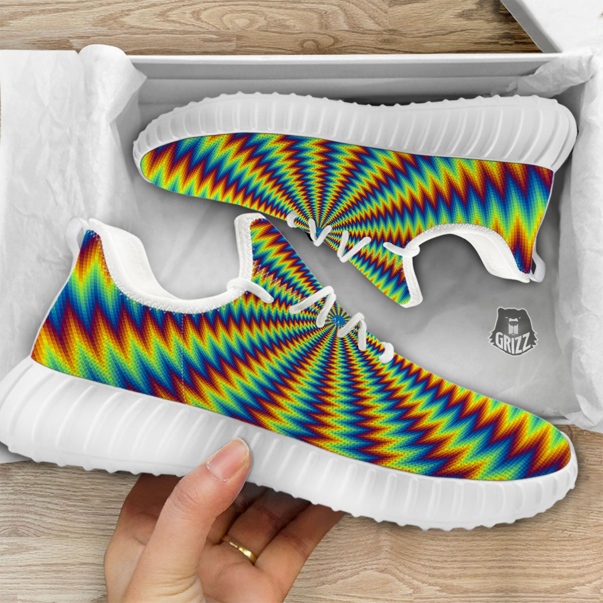Trippy Psychedelic Rainbow Print White Walking Shoes-grizzshop