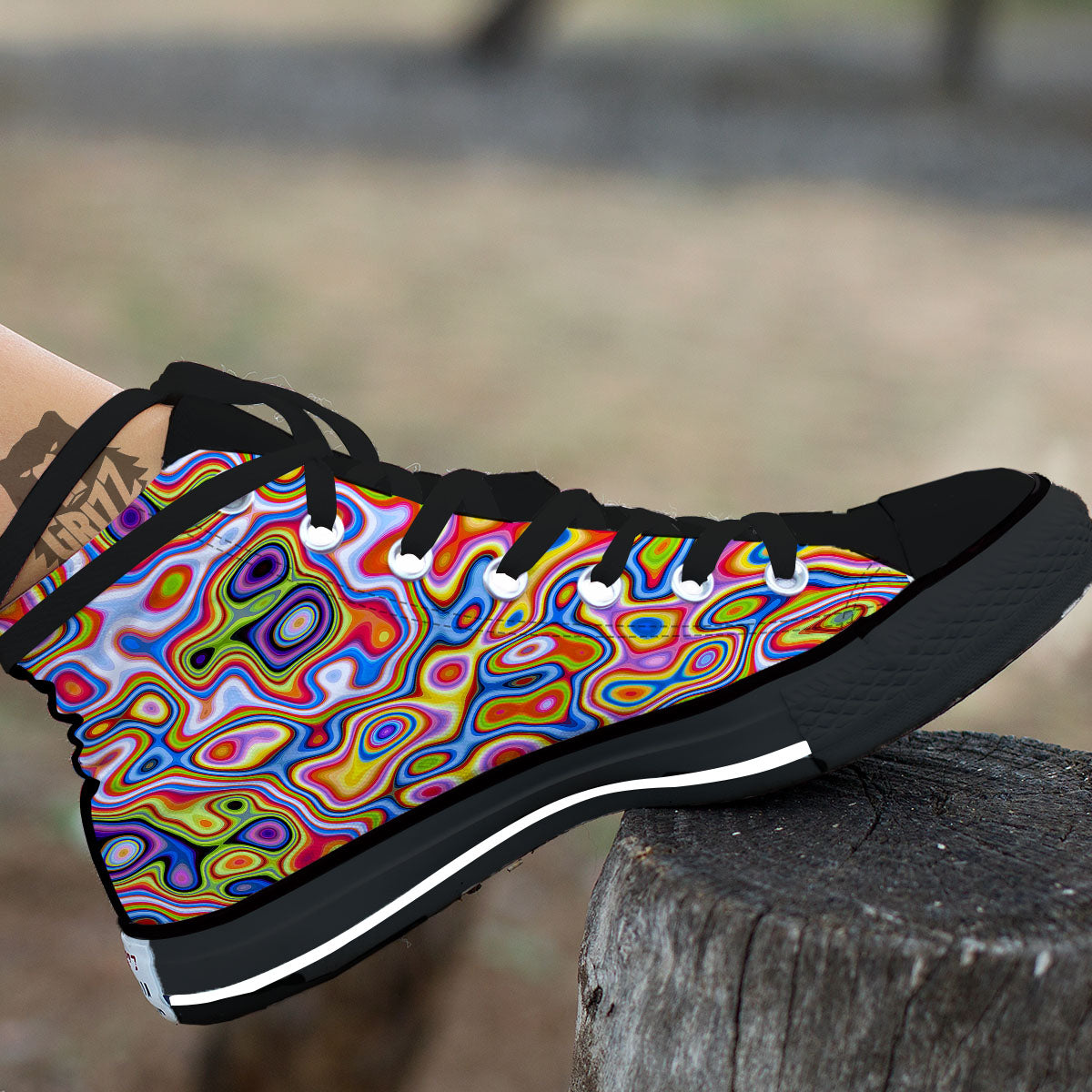 Trippy Rainbow Psychedelic Print Black High Top Shoes-grizzshop