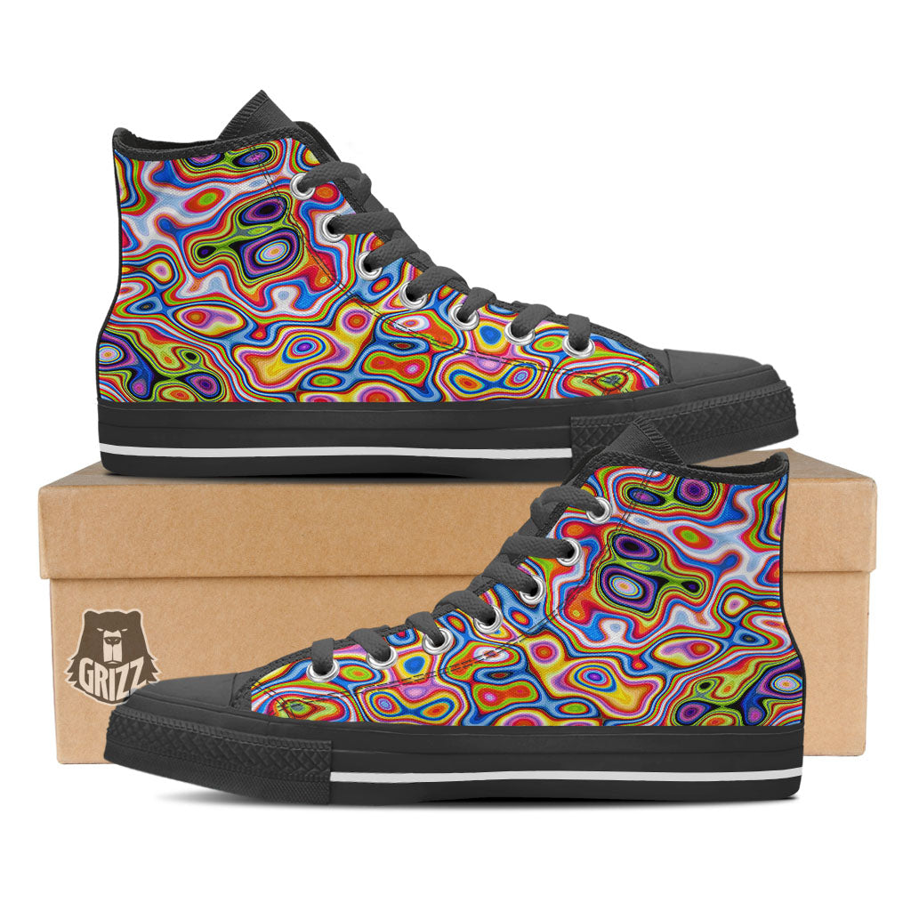 Trippy Rainbow Psychedelic Print Black High Top Shoes-grizzshop