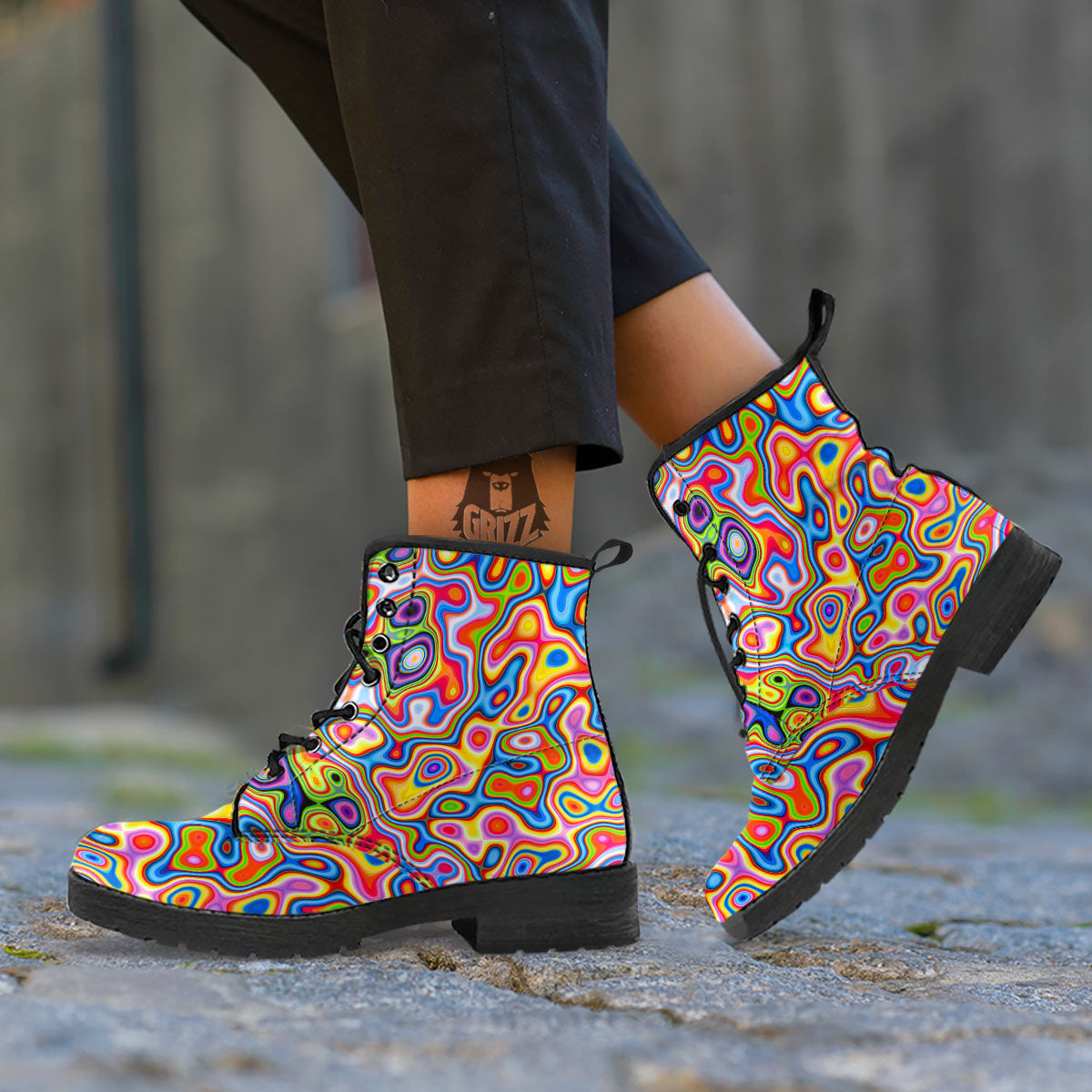 Trippy Rainbow Psychedelic Print Leather Boots-grizzshop