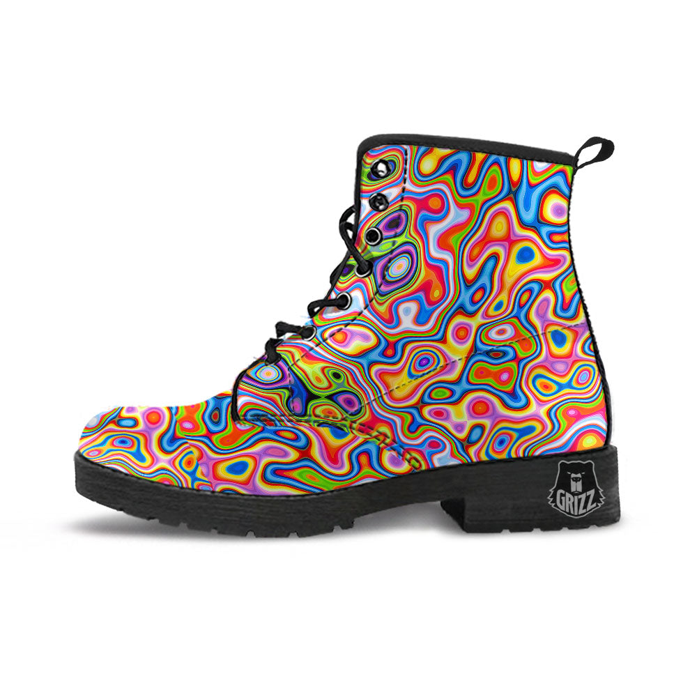 Trippy Rainbow Psychedelic Print Leather Boots-grizzshop