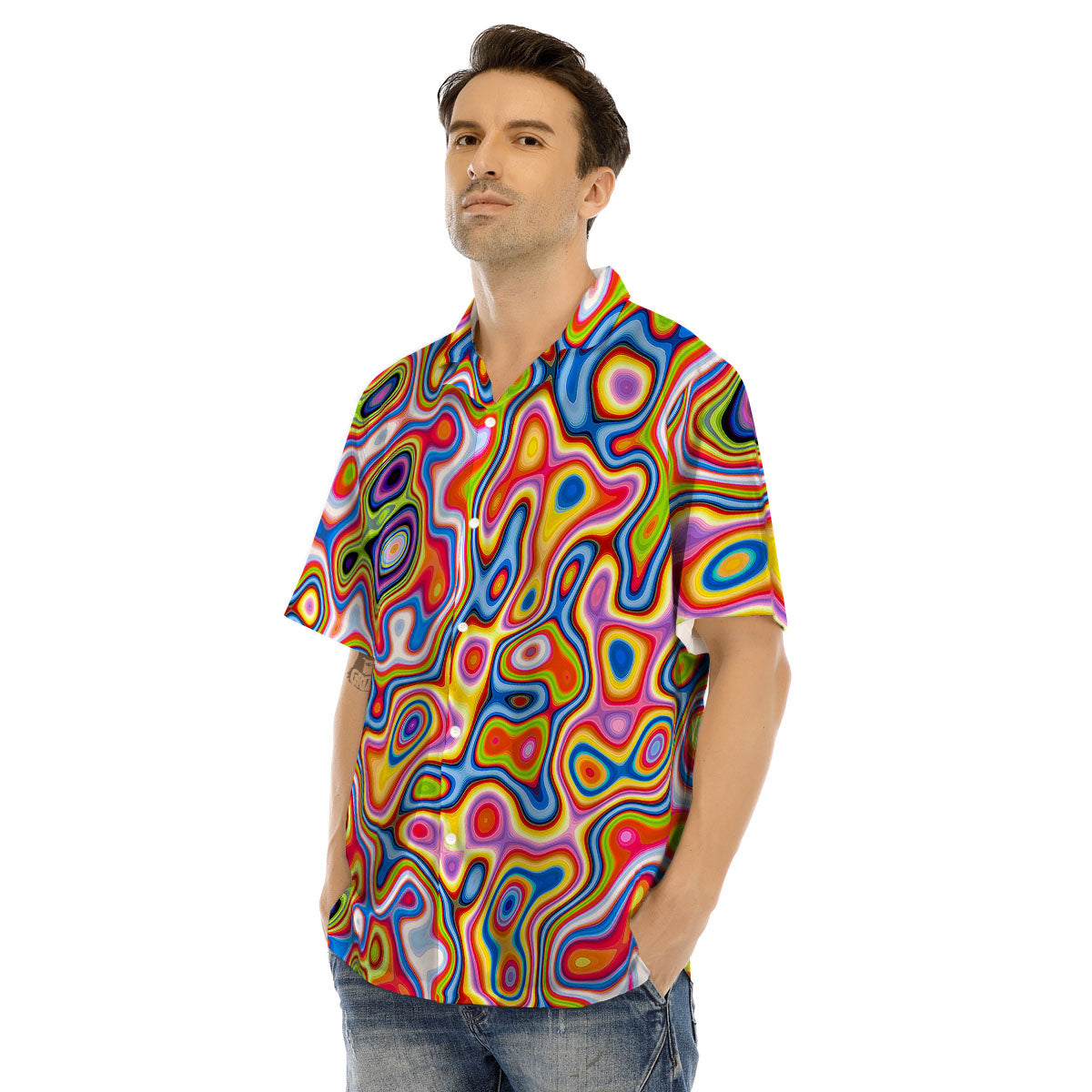 Trippy Rainbow Psychedelic Print Men's Hawaiian Shirt-grizzshop