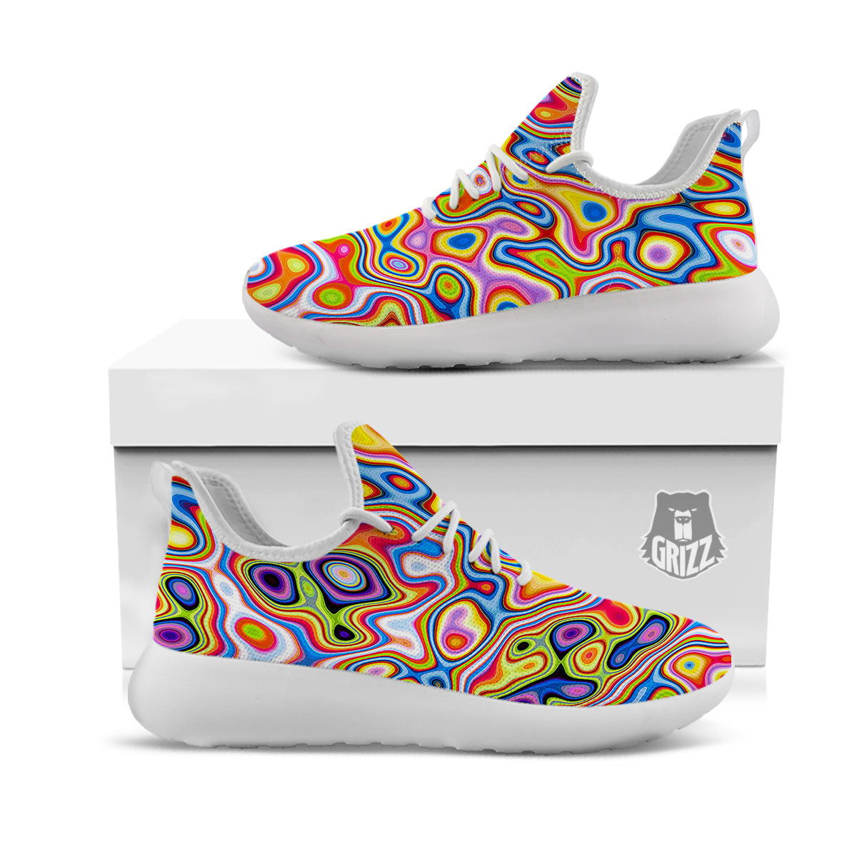 Trippy Rainbow Psychedelic Print White Athletic Shoes-grizzshop