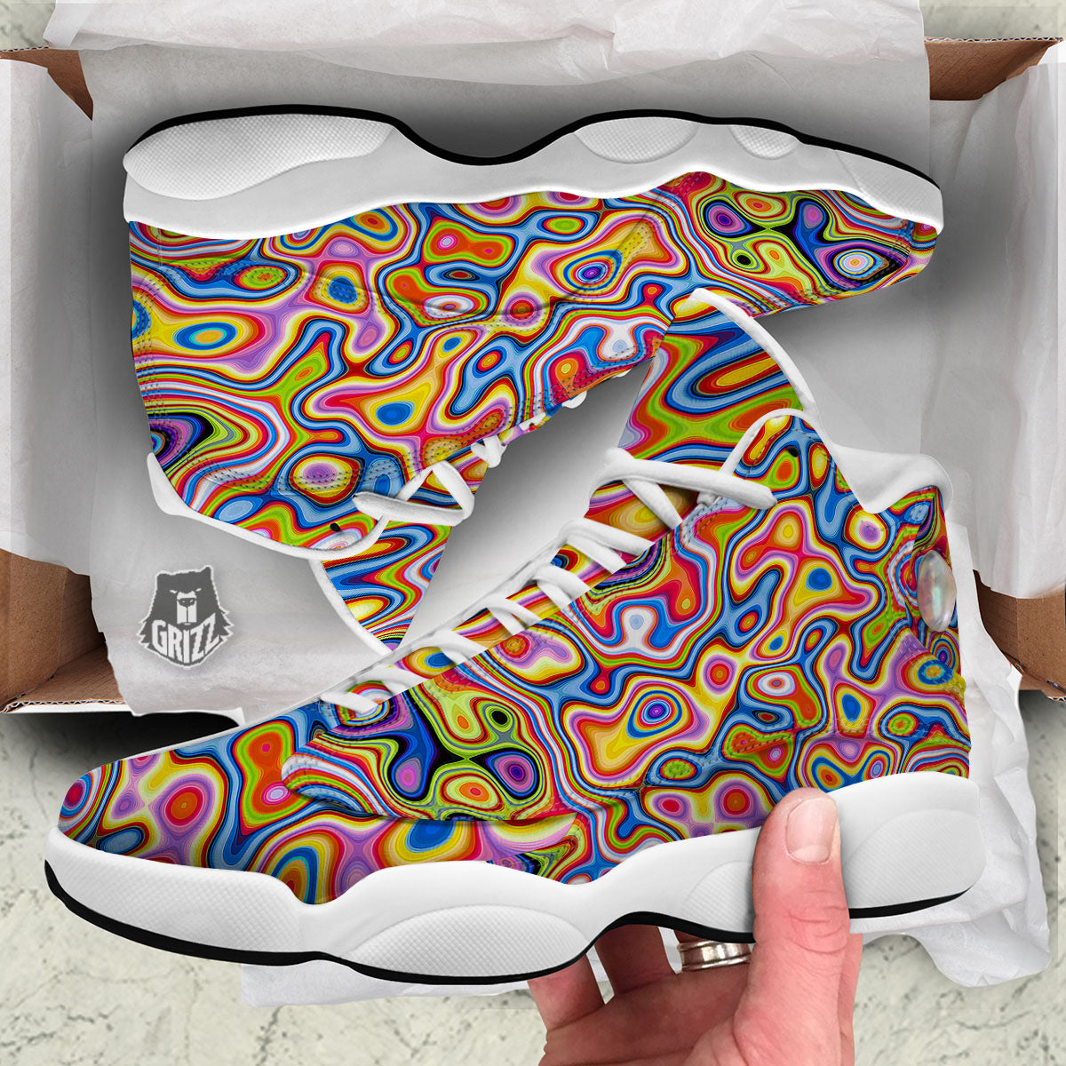 Trippy Rainbow Psychedelic Print White Basketball Shoes-grizzshop