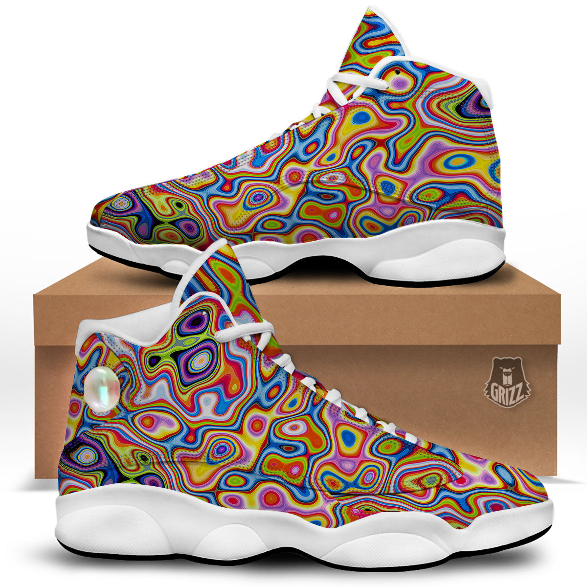 Trippy Rainbow Psychedelic Print White Basketball Shoes-grizzshop