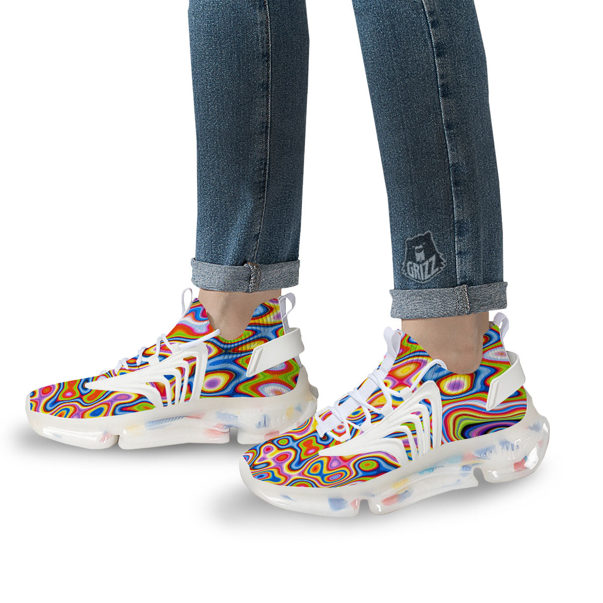 Trippy Rainbow Psychedelic Print White Gym Shoes-grizzshop