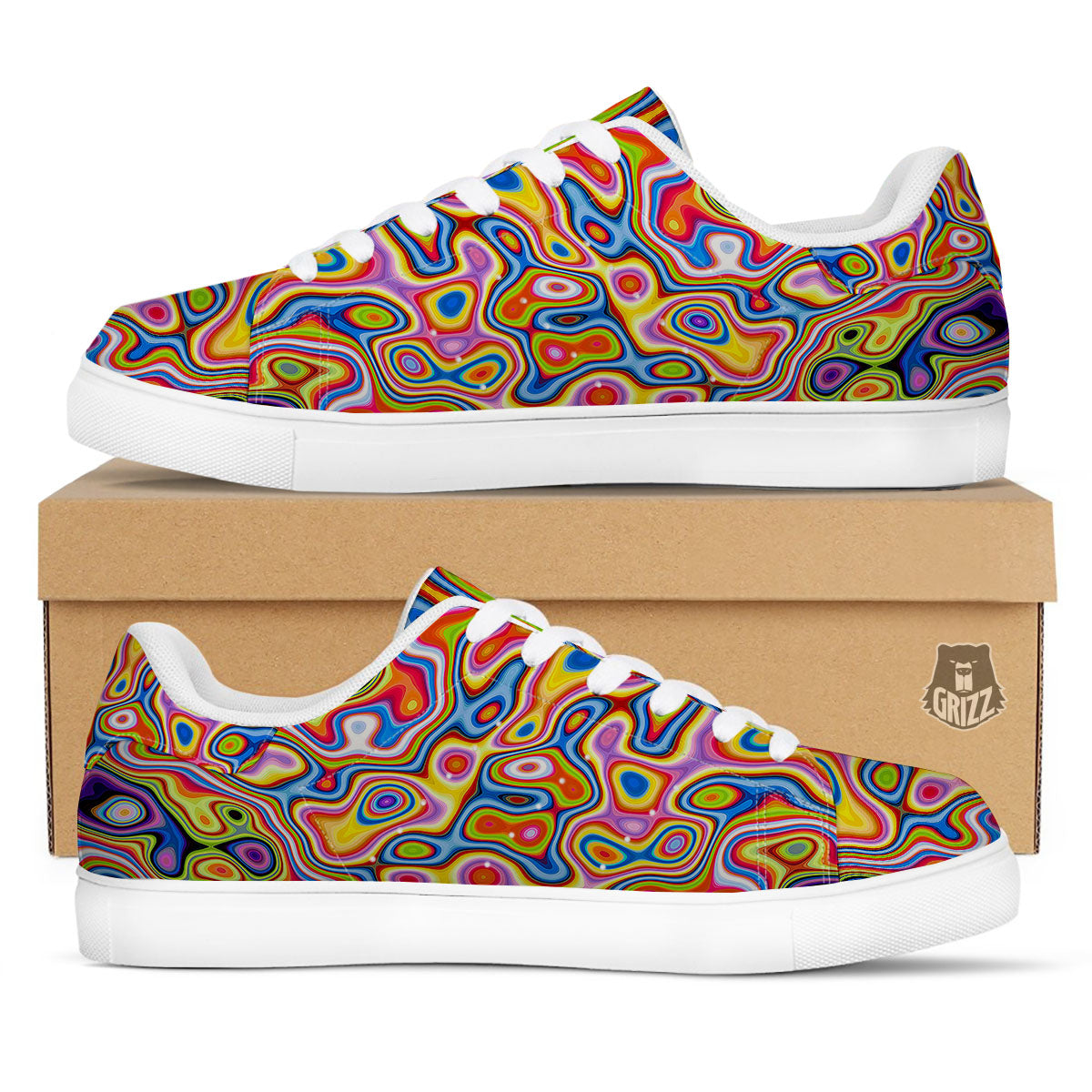 Trippy Rainbow Psychedelic Print White Low Top Sneakers-grizzshop