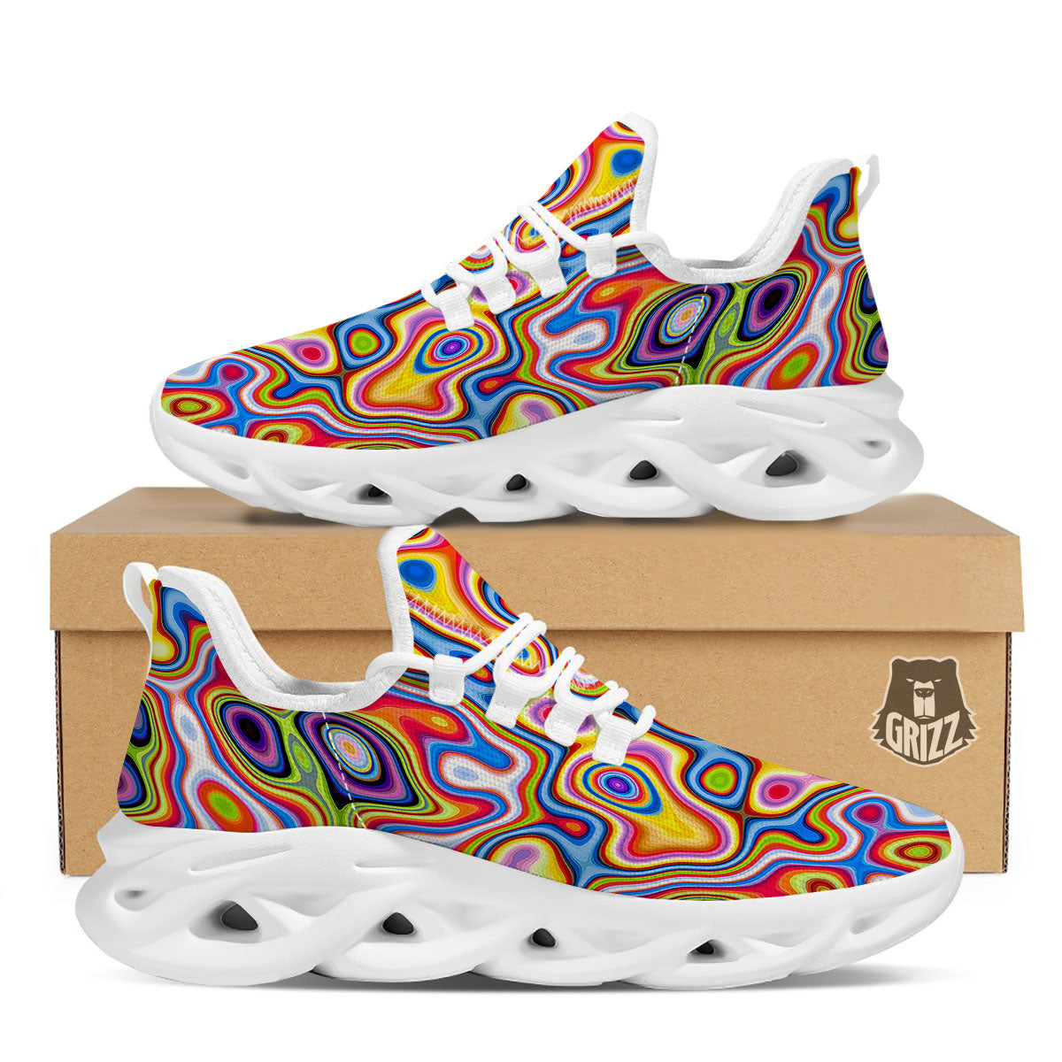 Trippy Rainbow Psychedelic Print White Running Shoes-grizzshop