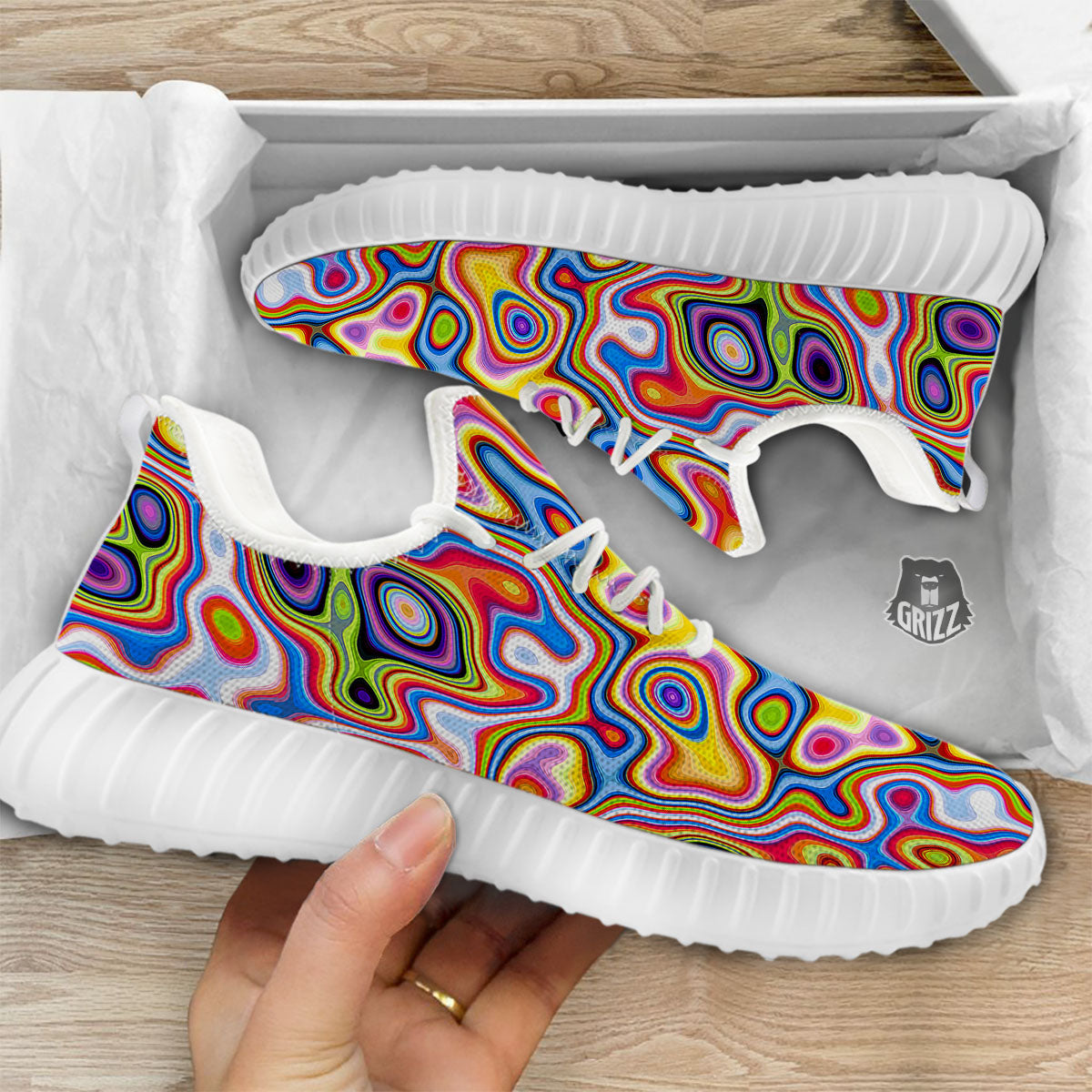 Trippy Rainbow Psychedelic Print White Walking Shoes-grizzshop
