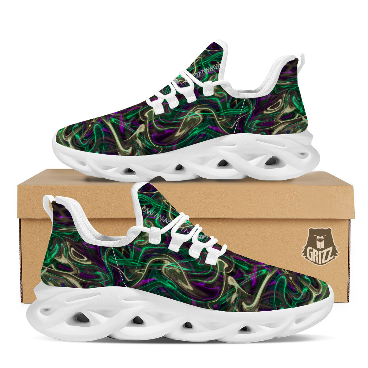 Trippy Smoke Psychedelic Print White Running Shoes-grizzshop
