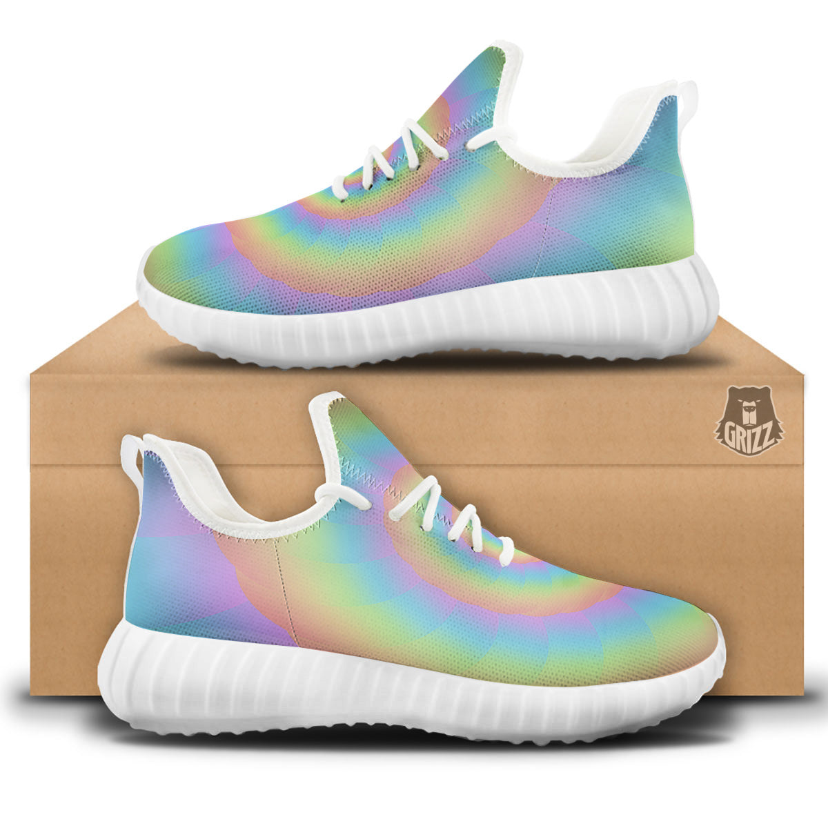 Trippy Spiral Colorful Print White Walking Shoes-grizzshop