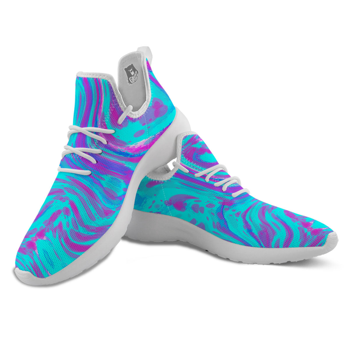 Trippy Turquoise Holographic Print White Athletic Shoes-grizzshop